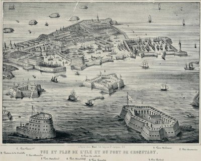 Utsikt och plan över ön och hamnen i Kronstadt, ca. 1850 av Unbekannt