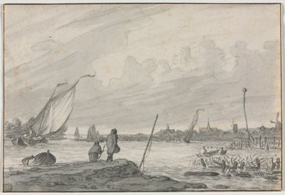 Utsikt över Alkmaar med båtar, 1600-tal. av Unbekannt
