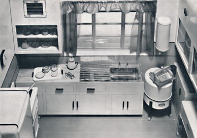 Utsikt över ett kök, ritat av H.M.V. Hushållsapparater, 1938 av Unbekannt