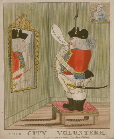 Vy över en portly cityvolontär som beundrar sig själv i spegeln, 1785 av Unbekannt