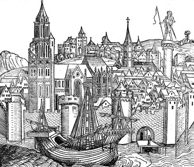 Utsikt över befäst stad, 1493 av Unbekannt