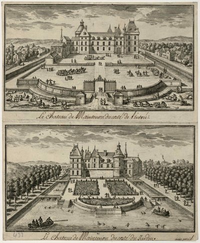 Utsikt över Château de Maintenon från entrén och från trädgården, 1600-talet. av Unbekannt