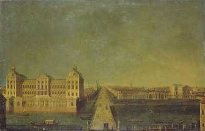 Utsikt över Nevsky Prospekt från Anichkovpalatset med Shuvalovs-huset, andra hälften av 1700-talet. av Unbekannt