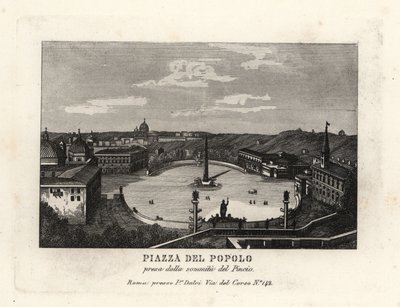 Utsikt över Piazza del Popolo, Place du Peuple, med en egyptisk obelisk av Rameses II från Heliopolis, från toppen av Pincian Hill, Rom av Unbekannt