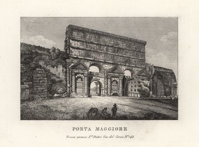 Utsikt över Porta Maggiore-porten med akvedukter, Larger Gate eller Porta Prenestina, i Aurelian Wall, Rom av Unbekannt