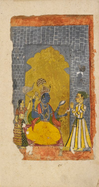 Vishnu tronade med en furstlig hängiven framför honom, c1700-1725 av Unbekannt