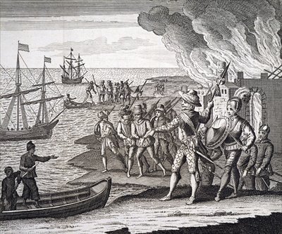 Walter Raleigh erövrar Fort St. Joseph. av Unbekannt