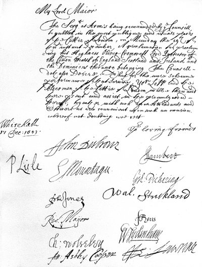 Beslut från Council of State till Lord Mayor of London, som önskar att han och Aldermen ska närvara vid utropandet av Oliver Cromwell som Lord Protector of the Commonwealth of England, Skottland, Irland & Dominions den 19 december av Unbekannt