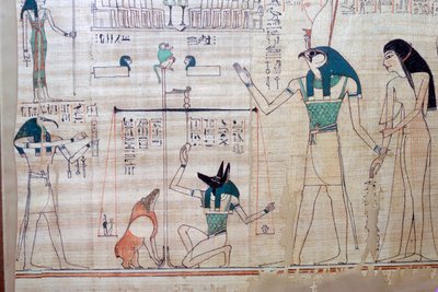 Vägning av den avlidnes hjärta mot sanningens fjäder från Egyptian Book of the Dea av Unbekannt