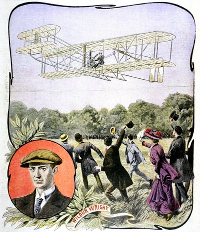 Wilbur Wrights första flygning i Europa på Hunaudieres racerbana nära Le Mans, Frankrike, 1908 av Unbekannt