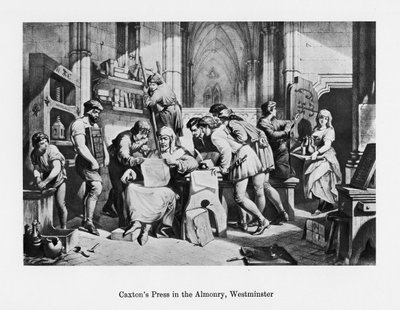 William Caxtons press i Almonry, Westminster, 1400-talet, 1800-talet av Unbekannt
