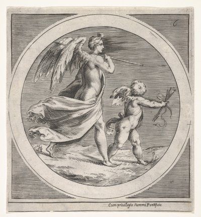 Bevingad kvinnofigur, draperad och bärande en stav, skridande bakom en bevingad putto..., ca. 1550-1600. av Unbekannt