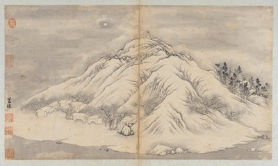 Vinterlandskap: en månbelyst kulle och byggnader, Qingdynastin, 1700-talet. av Unbekannt