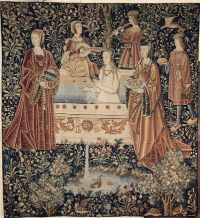 Kvinna som badar omgiven av skötare Tapetserie La Vie Seigneuriale, ca. 1500 av Unbekannt
