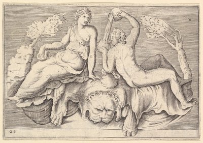 Kvinna och man sittande på lejonskinn, man häller vin, publicerad ca. 1599-1622. av Unbekannt
