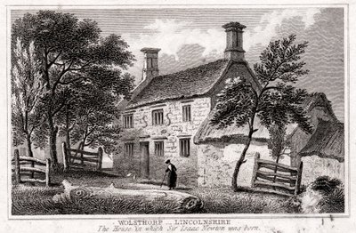Woolsthorpe Manor, nära Grantham, Lincolnshire, födelseplats för Sir Isaac Newton, tidigt 1800-tal av Unbekannt