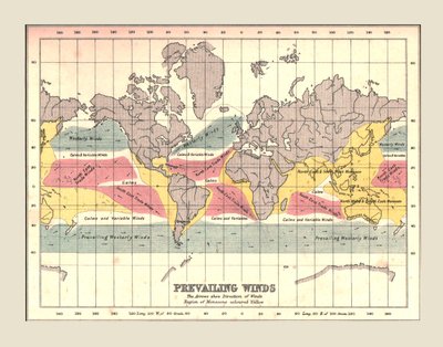 Världskarta som visar rådande vindar, 1902. av Unbekannt