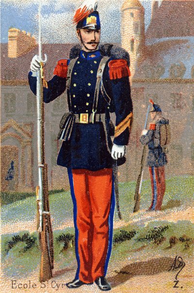 Z: School of Saint Cyr. Gravyr i "Militäralfabetet". Illustratörens initialer: A. D. Okänd utgivare. Kromolitografier från slutet av 1800-talet. Mått: 10,5x7 cm. av Unbekannt