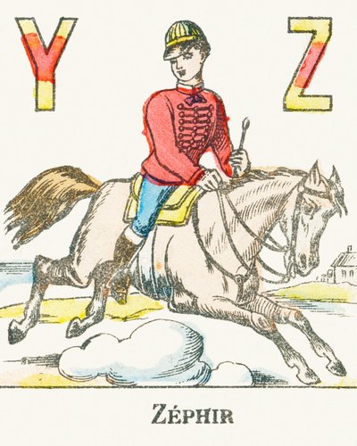 Z : Zephir, en ryttare som galopperar på sin häst vid namn Zephyr - Games Alphabet, c.1890 (gravyr) av Unbekannt