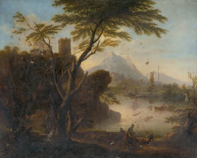En vik med ett slott och en figural stav av Unbekannt