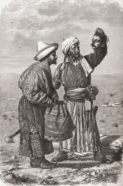 En afghansk soldat som håller det avhuggna huvudet på sin fiende, illustration från 