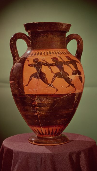 Grekisk amfora med svart figur som föreställer löpare i ett lopp, 600-550 f.Kr. av Unbekannt Unbekannt