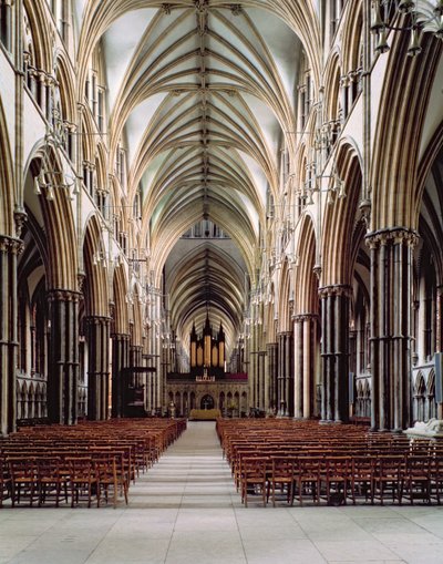 Lincoln Cathedral, 1185–1311, Utsikt över långhuset, byggt 1215-55, Lincolnshire, Storbritannien av Unbekannt Unbekannt