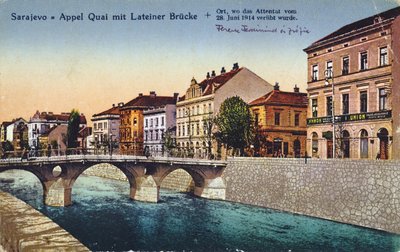 Vykort som visar Sarajevo, Appel-kajen och Lateiner-bron, platsen för mordet på ärkehertig Franz-Ferdinand och hans fru Sophie den 28 juni 1914, ca. 1920 av Unbekannt Unbekannt
