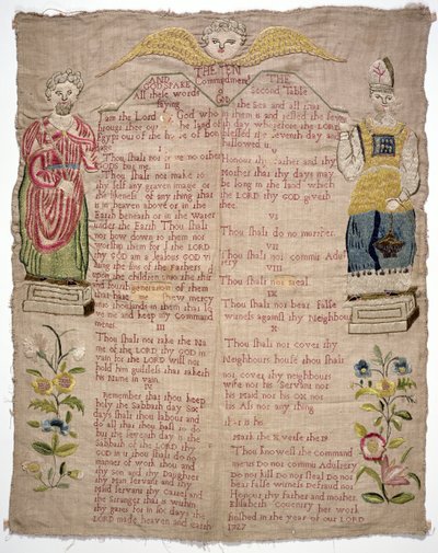 Sampler, föreställande de tio budorden, av Elizabeth Coventry, engelska, 1727 (färgat siden på linne) av Unbekannt Unbekannt
