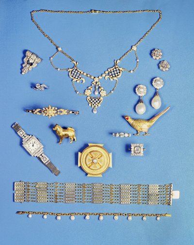 Urval av smycken: pärl- och guldhänge; Art Deco diamantklämma brosch; örhängen med pärlor; Guldbrosch i keltisk stil; Edwardianskt kedjearmband; fasan brosch; armring med gångjärn i halv pärlguld av Unbekannt Unbekannt