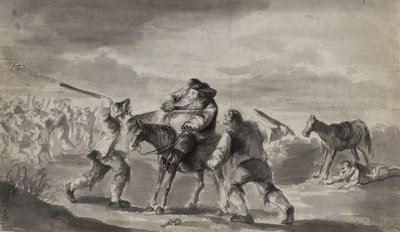 Resenär överfallen, möjligen Samuel Butlers Hudibras, ca 1790 (penna, pensel och bläck på papper) av Unbekannt Unbekannt