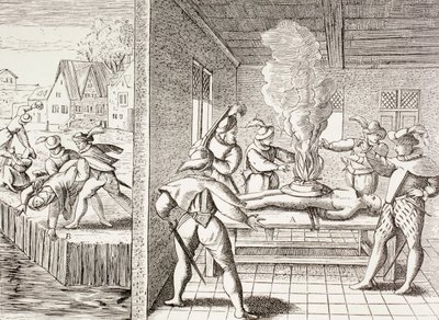 1500-talspropaganda som illustrerar Gueux våld mot katolikerna, från "Militärt och religiöst liv under medeltiden" av Paul Lacroix publicerad i London cirka 1880 av Unbekannt