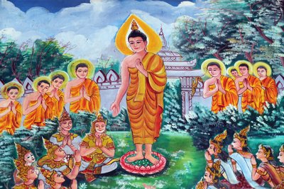 20151029, Vientiane, Laos: Wat Inpeng buddhisttempel. Målning som skildrar Shakyamuni Buddhas livshistoria av Unbekannt