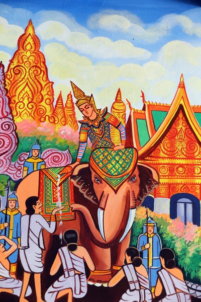 20151029, Vientiane, Laos: Buddhisttemplet Wat Si Muang (Simuong). Målning som skildrar Shakyamuni Buddhas livshistoria av Unbekannt