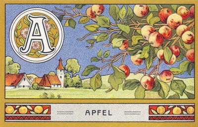 A: Apple - Alphabet Palmine. Serie av kromolitografier redigerade av H. Schlinck & Cie, Hamburg, sid. d. . Annons för Palmins finaste kokosfett. Mått: 7 x 11 cm av Unbekannter Künstler