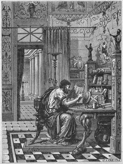 En romare i sitt bibliotek, ca 1880 (Gravyr) av Unbekannter Künstler