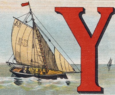 En Yacht. Gravyr i "Alphabet de ma petite fille". Bernardin-Bechet och Fils, bokhandlare-förlag, Paris, omkring 1895. Okrossbart album på duk. Bibliotheque des Bebes. 12 sidor. Album innehållande en läsmetod och en illustrativ abecedary. Dämpa: av Unbekannt