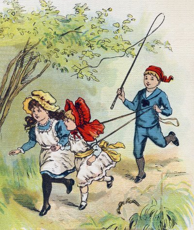 En pojke som leker häst med sina två systrar. Gravyr i "ABC L