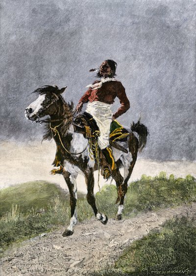 En modig comanche till häst på den södra prärien (Texas, Oklahoma, USA), omkring år 1800. Litografi av Unbekannter Künstler