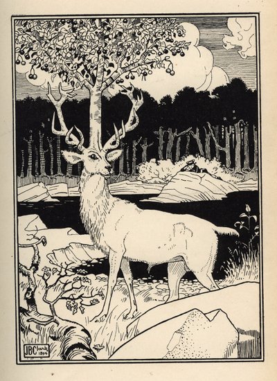 Ett körsbärsträd på huvudet av ett rådjur berört av stenarna av körsbärsspjut av baron de Munchausen Illustration av William Strang (1859-1921) och JB Clark hämtad från "The Adventures of the Baron of Munchausen (Munchhausen) av Rudolf Erich Raspe (1736- av Unbekannt