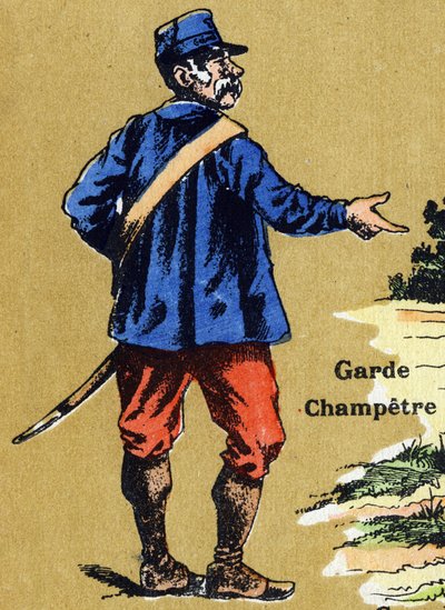 En lantvakt. Illustrerat alfabet. Bilder återförenades i Jarville-Nancy, tidigt 1900-tal. Mått: 40 x 29 cm. Litografi på en bistre bakgrund av Unbekannt