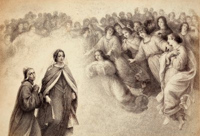 En flock skuggor närmar sig Dante och Beatrice. Illustration av Canto V i Paradiso i Den gudomliga komedin av Dante Alighieri. Verk av Franceso Scaramuzza tillägnat Florens kommun. av Unbekannter Künstler