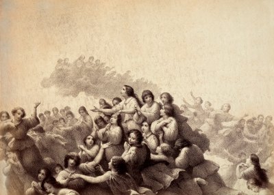 En flock själar flyger genom Paradisets firmament. Illustration av Canto III i Paradiso i Den gudomliga komedin av Dante Alighieri. Verk av Franceso Scaramuzza tillägnat Florens kommun. av Unbekannter Künstler