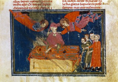 En grupp sjuka människor och en herre som gör ett barmhärtighetsverk genom att ge dem hjälp. Miniatyr hämtad från "The Works of Merciord" (ms. II, VI av Unbekannter Künstler