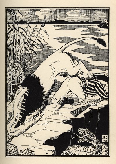 Ett lejon som ville attackera baronen de Munchausen hamnade i en krokodil. Illustration av William Strang (1859-1921) och JB Clark från "The Adventures of the Baron of Munchausen (Munchhausen) av Rudolf Erich Raspe (1736-1794) (1789) av Unbekannt