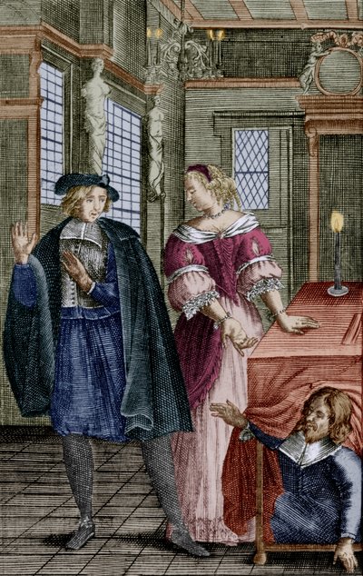 Scen ur Molieres pjäs "Tartuffe" (1664) med Orgon (under bordet), Elmire, hans hustru, och Tartuffe, gravyr av Unbekannter Künstler
