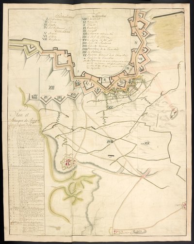 En färgad plan över belägringen fungerar. Tidskrift öfver belägringen af Bergen op Zoom, af fransmännen, 1747; föregås av en redogörelse för det franska artilleriets tillstånd vid den tiden. av Unbekannter Künstler