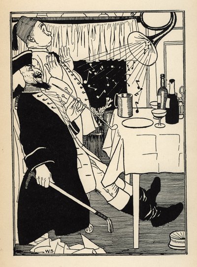 En trumpet som hade frusit, producerar ljud på egen hand när den värms upp, har all underhållning och förvåning Illustration av William Strang (1859-1921) och JB Clark från "The Adventures of the Baron of Munchausen (Munchhausen) av Rudolf Erich Raspe (173 av Unbekannt