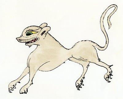 En varulv under medeltiden - Kolorerat gravyrsnitt efter ett bestiarium från 1200-talet, Historia Scolastica av Pierre the Eater (eller Petrus Comestor eller Manducator, ca. 1110-1179) - Medeltida avbildning av en varulv - Handkolorerat träsnitt från Comes av Unbekannter Künstler
