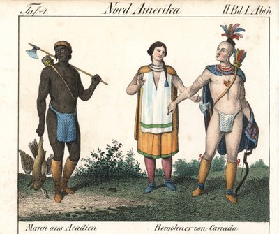 Acadian man med tatuerad kropp och ett par infödda kanadensiska indianer. Litografi för boken: "Galerie complete en tableaux fideles des peuples d